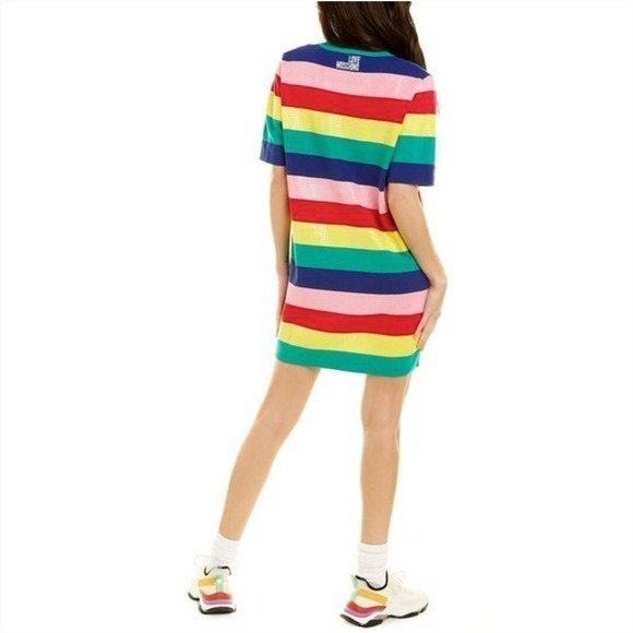 LOVE MOSCHINO Striped T-Shirt Dress Rainbow Sequin Retro Colorful Size 8 - Picture 2 of 8